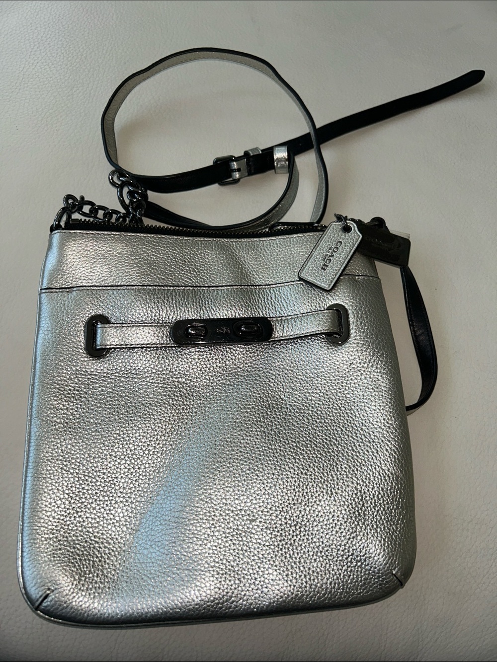 Coach Silver Pebbled Leather Crossbody Bag with Black Trim